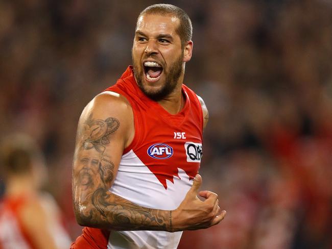 MELBOURNE, AUSTRALIA - SEPTEMBER 23: Lance Franklin of the Swans celebrates during the 2016 AFL Second Preliminary Final match between the Geelong Cats and the Sydney Swans at the Melbourne Cricket Ground on September 23, 2016 in Melbourne, Australia. (Photo by Michael Willson/AFL Media/Getty Images)