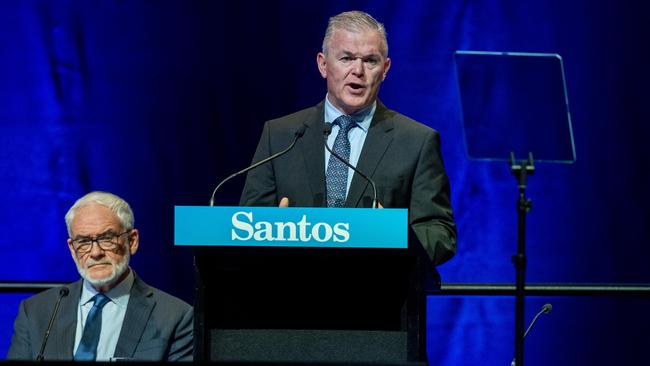 Santos chief executive Kevin Gallagher speaks alongside chair Keith Spence at the company’s AGM on Thursday. Picture: Mark Brake