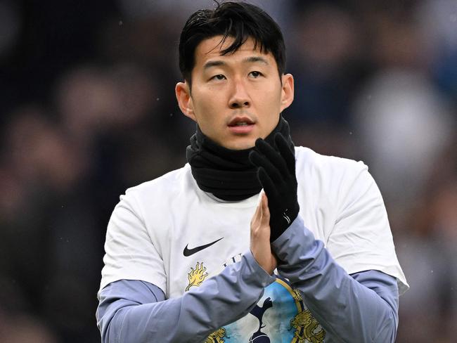 Tottenham Hotspur's South Korean striker #07 Son Heung-Min warms up ahead of  the English Premier League football match between Tottenham Hotspur and Brighton and Hove Albion at the Tottenham Hotspur Stadium in London, on February 10, 2024. (Photo by JUSTIN TALLIS / AFP) / RESTRICTED TO EDITORIAL USE. No use with unauthorized audio, video, data, fixture lists, club/league logos or 'live' services. Online in-match use limited to 120 images. An additional 40 images may be used in extra time. No video emulation. Social media in-match use limited to 120 images. An additional 40 images may be used in extra time. No use in betting publications, games or single club/league/player publications. /