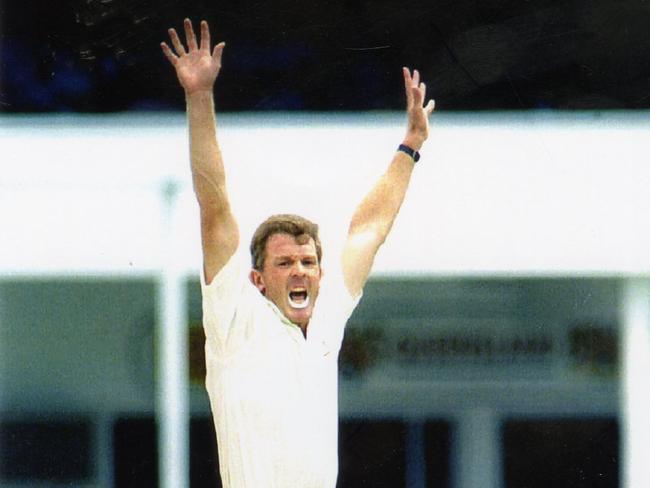 McDermott celebrates the wicket of Steve Rhodes in an Ashes game in 1994.