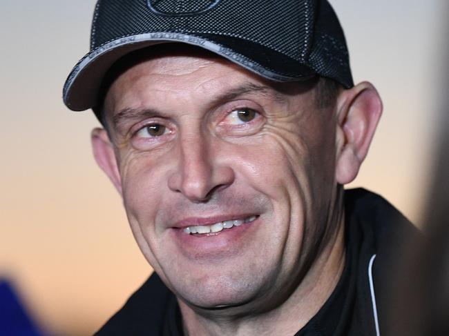 Winx trainer Chris Waller speaks to the media following trackwork at Rosehill Gardens in Sydney, Thursday, August 16, 2018. (AAP Image/Brendan Esposito) NO ARCHIVING