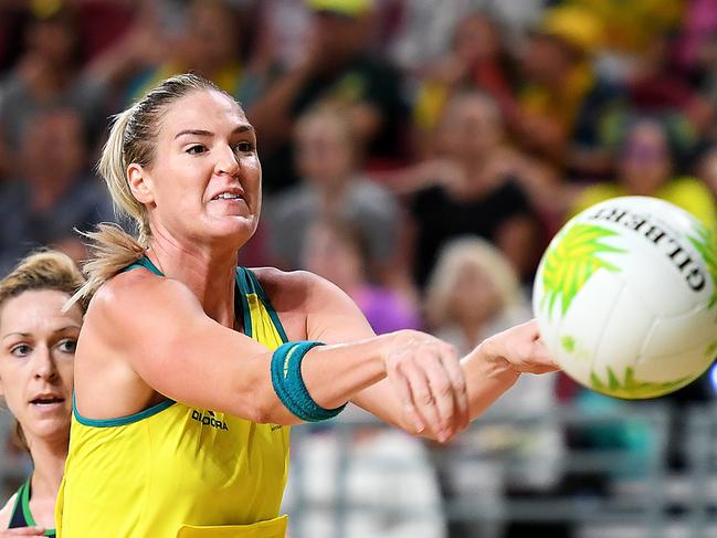 GOLD COAST, AUSTRALIA - APRIL 05:  Caitlin Bassett of Australia competes during the Netball match between Australia and Northern Ireland on day one of the Gold Coast 2018 Commonwealth Games at Gold Coast Convention and Exhibition Centre on April 5, 2018 on the Gold Coast, Australia.  (Photo by Albert Perez/Getty Images)