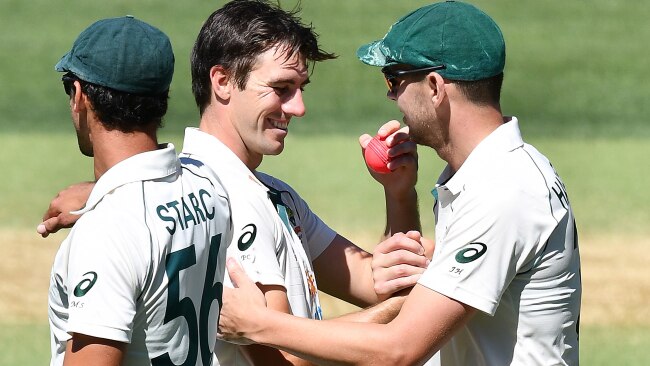 Pat Cummins and Josh Hazlewood celebrate their day out. Picture: Getty Images