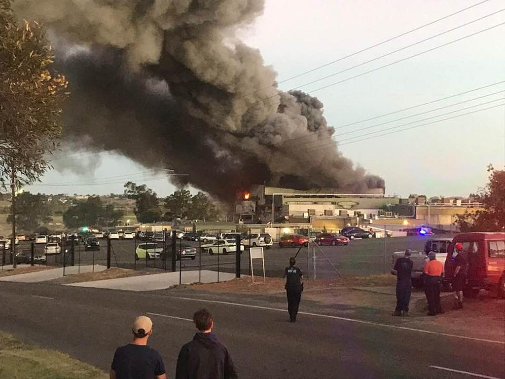 The fire breaks out at Thomas Food abattoir. Picture: Facebook / Steven Pearson