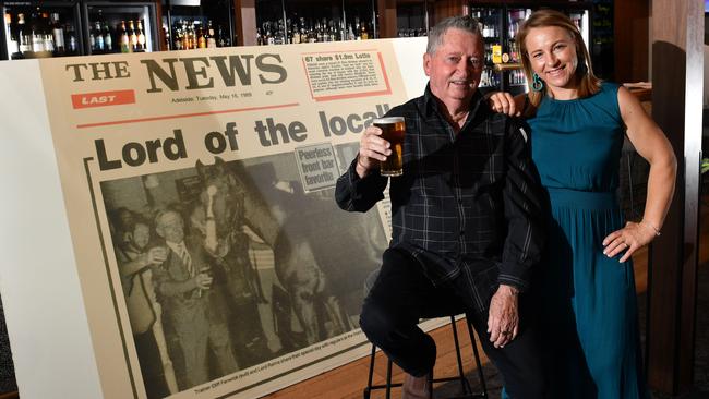 Former Adelaide Cup winning jockeys John Letts and Clare Lindop pose for a photograph at the Morphett Arms front bar. Picture: AAP/ Keryn Stevens.