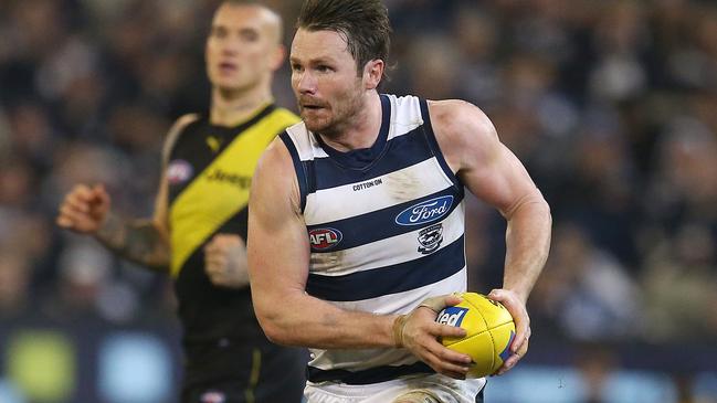 Geelong star Patrick Dangerfield charges forward. Pic: Michael Klein