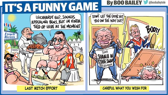 Mitchell Pearce wasn't answering the call, while Joseph-Aukuso Suaalii's rugby switched ruffled feathers. Artwork: Scott 'Boo' Bailey.