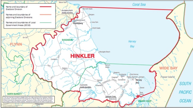HINKLER ELECTORATE: The red outline designates the electorate of Hinkler