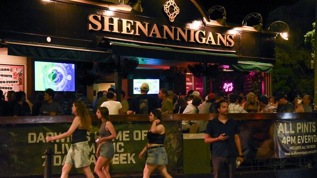 Shenannigans on Mitchell St began to heave at 11pm on New Year's Eve 2024, although the prize for the party precinct's busiest venue went to Monsoons. Picture: Alex Treacy