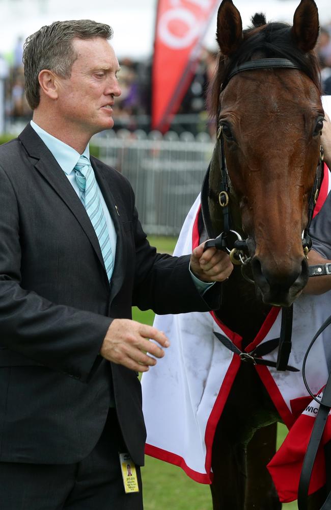 Trainer David Vandyke with Maurus after claiming the Ipswich Cup. Picture: Liam Kidston