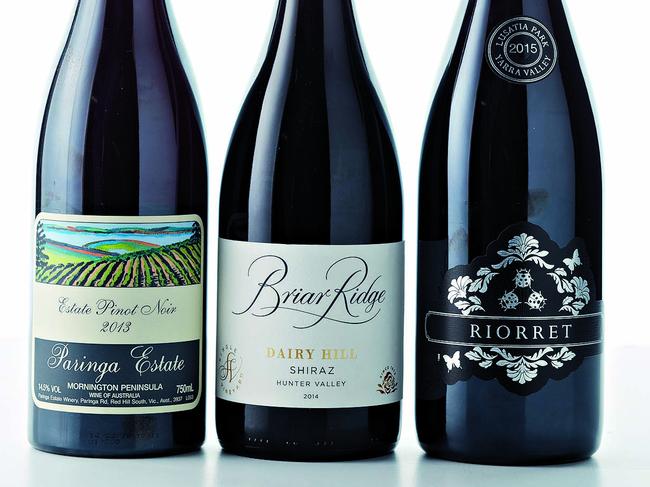 TWAM-20161021 embargo for TWAM 22 Oct 2016 no reuse without permission 2013 Paringa Estate Pinot Noir, 2014 Briar Ridge Vineyard Dairy Hill Single Vineyard Hunter valley Shiraz, 2015 De Bortolli Riorret Lusatia Park Yarra Valley Pinot Noir pic : Guy Bailey