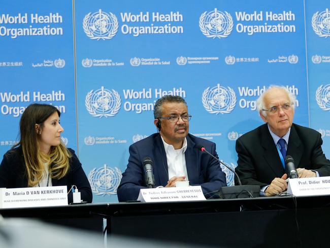 Dr. Maria D Van Kerkhove, WHO Director-General Tedros Adhanom Ghebreyesus and Professor Didier Houssin, Chair of the Emergency Committee. Picture: AFP