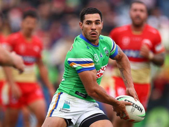 WAGGA WAGGA, AUSTRALIA - APRIL 29: Jamal Fogarty of the Raiders in action during the round nine NRL match between the Canberra Raiders and Dolphins at McDonalds Park on April 29, 2023 in Wagga Wagga, Australia. (Photo by Mark Nolan/Getty Images)