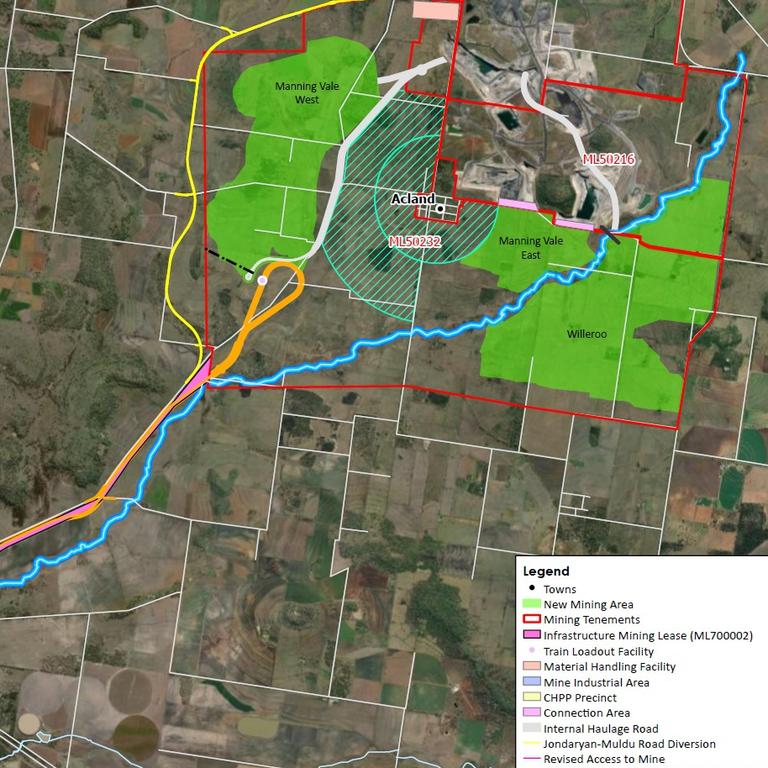 Maps of the proposed Stage 3 expansion of the New Acland Coal Mine. The area is green shows the new coal pits. The town of Acland is in the centre.