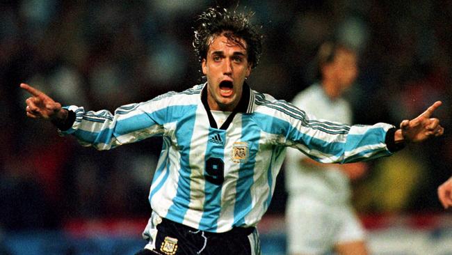 Argentina’s Gabriel Batistuta celebrates scoring against Bosnia in a friendly in 1998.