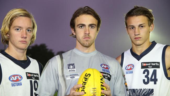 A young Tom Doedee (right) with Geelong Falcons teammates Darcy Parish and Rhys Mathieson. Picture: Peter Ristevski