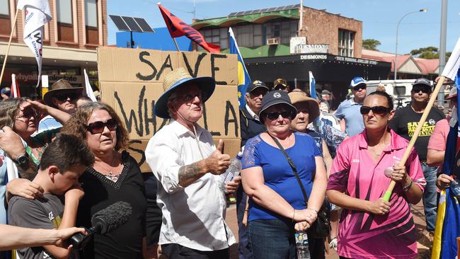 Whyalla residents gather at the steps of the council building after marching from Wilson Park to show their support for the steal industry in their town. Photo Tom Huntley.