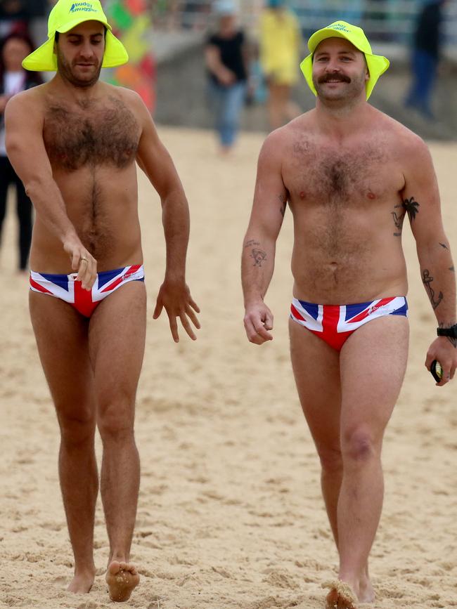 A pair of patriotic budgie-smuggler fans. Picture: Nathan Edwards