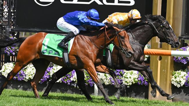 Zardozi (blue silks, ridden by James McDonald) just fails to overhaul Amazonian Lass (Tim Clark) in the Wakeful Stakes at Flemington last Saturday. Picture: Vince Caligiuri / Getty Images