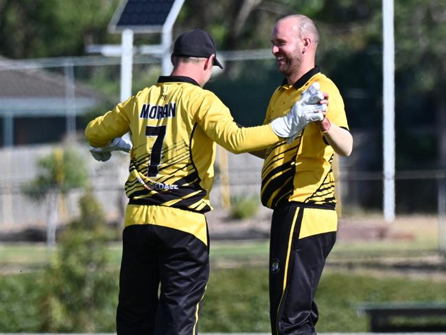 Jordan Moran and Jack Wrigglesworth celebrate a wicket against East Belmont. Picture: Wes Cusworth