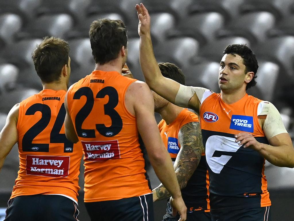 In the absence of Toby Greene, Tim Taranto (R) kicked four goals. (Photo by Quinn Rooney/Getty Images)