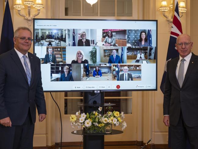 CANBERRA, AUSTRALIA - NewsWire Photos MARCH 30, 2021: The Governor-General David Hurley, and Prime Minister Scott Morrison conduct a swearing-in ceremony at Government House, Canberra. Picture: NCA NewsWire / Martin Ollman