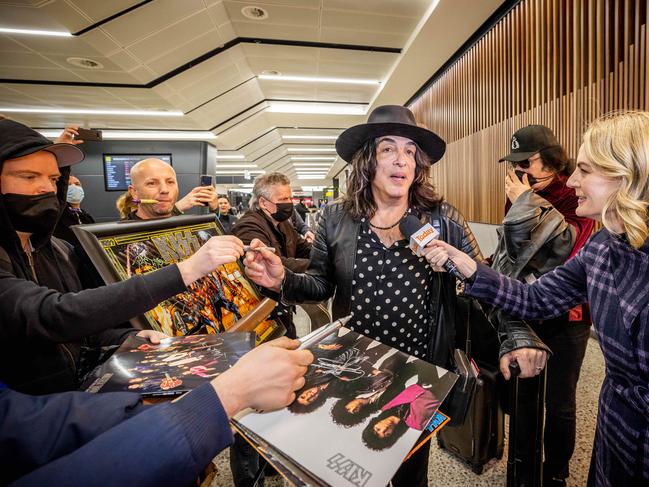 Paul Stanley signs autographs for fans upon arrival at Melbourne Airport to begin the Australian leg of the End of the Road Tour. Picture: Jake Nowakowski