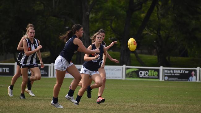 Under-17 Girls division 1 action between the Coorparoo Roos and Sherwood Magpies. Sunday May 7, 2023. Picture: Nick Tucker