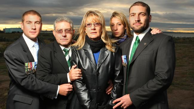 The Sher Family at an Anzac Day dawn memorial service for their late son killed in Afghanistan. Barry Sher, Felix Sher, Yvonne Sher, Karen Goldschlager and Stephen Sher.