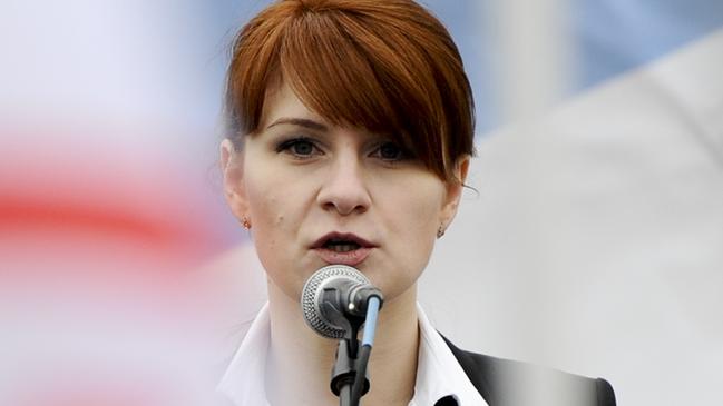 Maria Butina, leader of a pro-gun organisation in Russia, speaks to a crowd during a rally in support of legalising the possession of handguns in Moscow. Picture: AP.