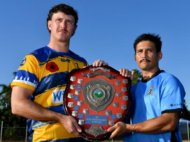 Toby Paynter and Corporal Orion Dehvilland are set for the TDRU Remembrance Day Charity Match at Mike Carney Toyota Park. Picture: Evan Morgan