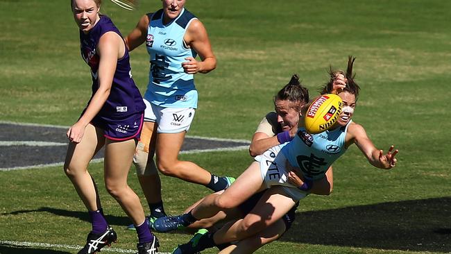 Kara Donnellan lays one of her eight tackles. Photo: Paul Kane/Getty Images