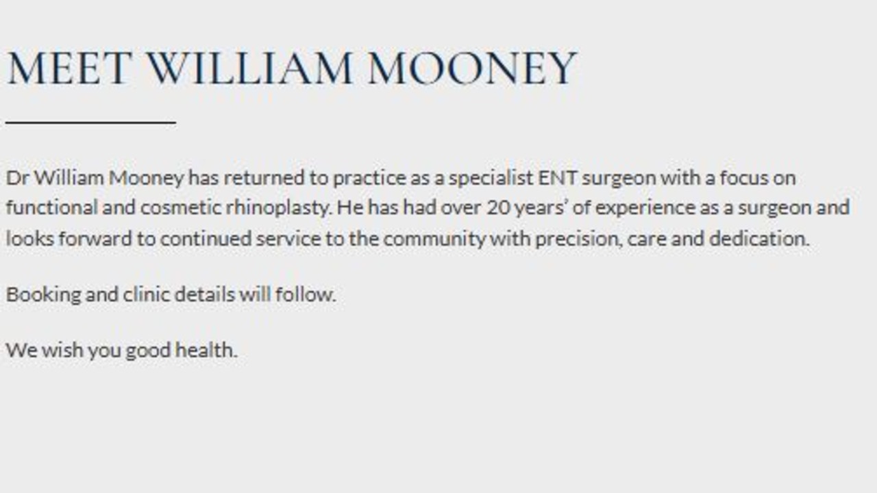 The welcome message on Dr Mooney's website. Picture: Rhinoplasty Sydney