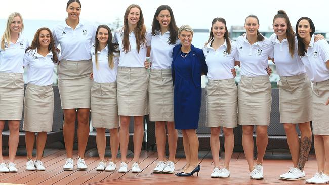 Deputy Chef de Mission Kitty Chiller and Australian Women’s basketball players pose for photographs after the team announcement. Picture: Chris Hyde/Getty Images