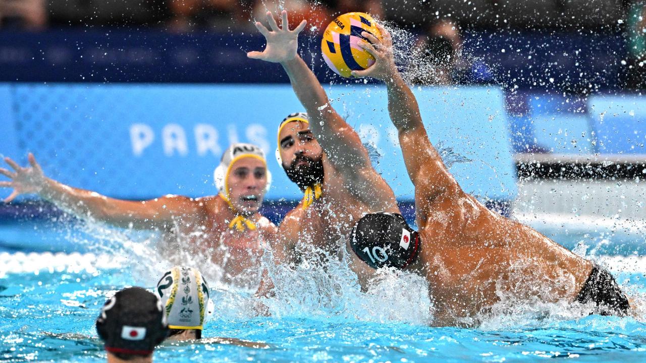 Japan's #10 Yusuke Inaba shoots the ball, with the team upsetting Australia’s Sharks’ stunning record at the Games so far. But the Sharks are in to the quarterfinals and will next play Croatia. Let’s go, Australia! Picture: Andreas Solaro/AFP