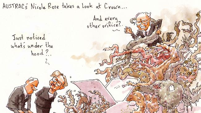 Austrac’s Nicole Rose is talking with Crown. Cartoon: Rod Clement.