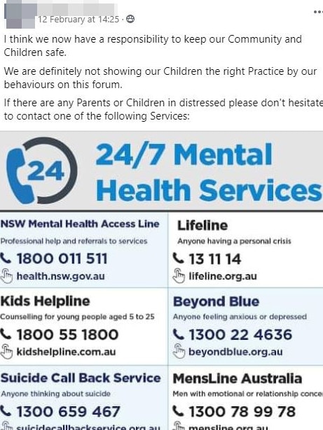 A commenter shares helpline info for young people after a discussion on a Northern Beaches Facebook group.