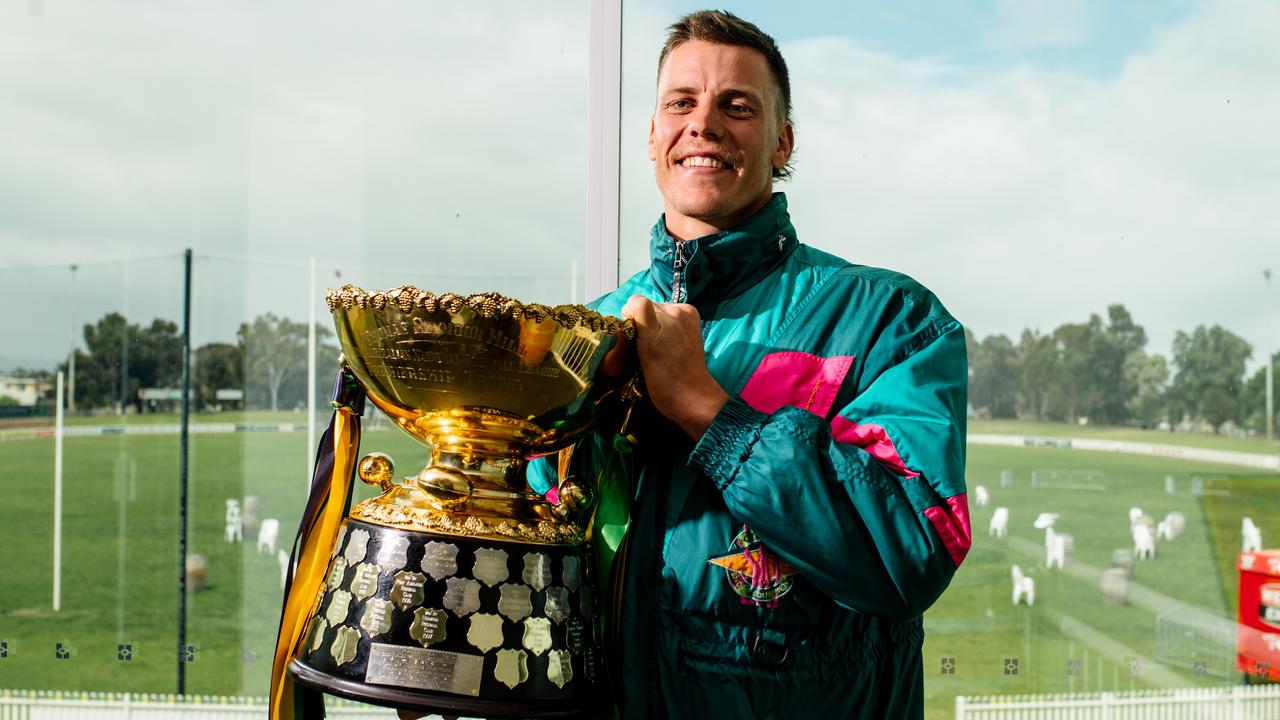 Jack Hayes, pictured with the SANFL premiership cup, scored an invitation to train with St Kilda. Picture: Morgan Sette