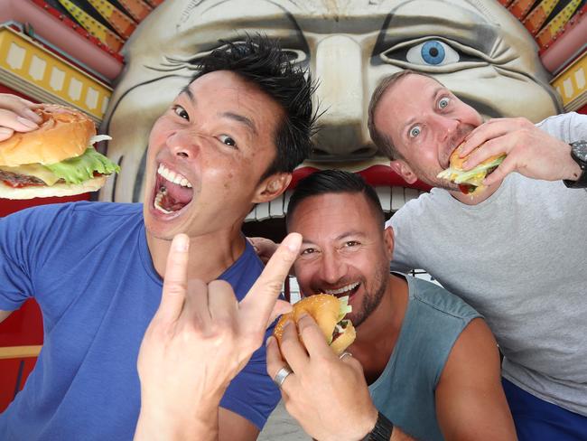 Huxtaburger founders Jeff Wong, Dante Ruaine and Daniel Wilson. Picture: Alex Coppel.