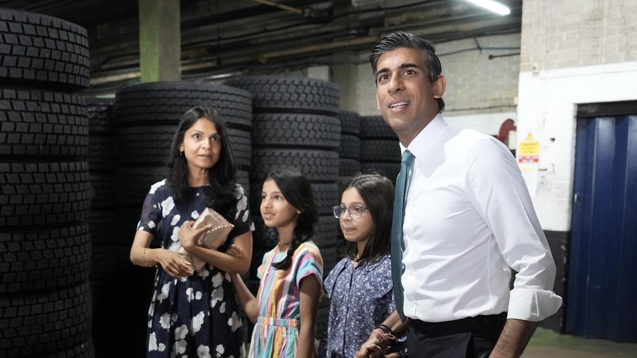 Rishi Sunak with daughters Krisna, Anoushka and wife Akshata Murthy. (Photo by Christopher Furlong/Getty Images,)