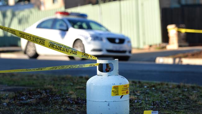 The gas bottle allegedly used by the shooting victim to threaten police with. Picture: AAP/Mark Brake