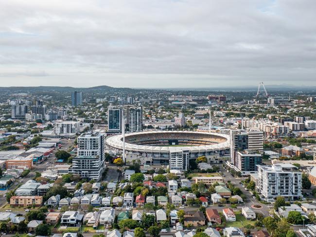 Developing Queensland - Brisbane Queensland Australia - January 10 2023 : Woolloongabba (Gabba) stadium is seen on a summer morning. This stadium is set to welcome Brisbane Olympics summer games in 2032.