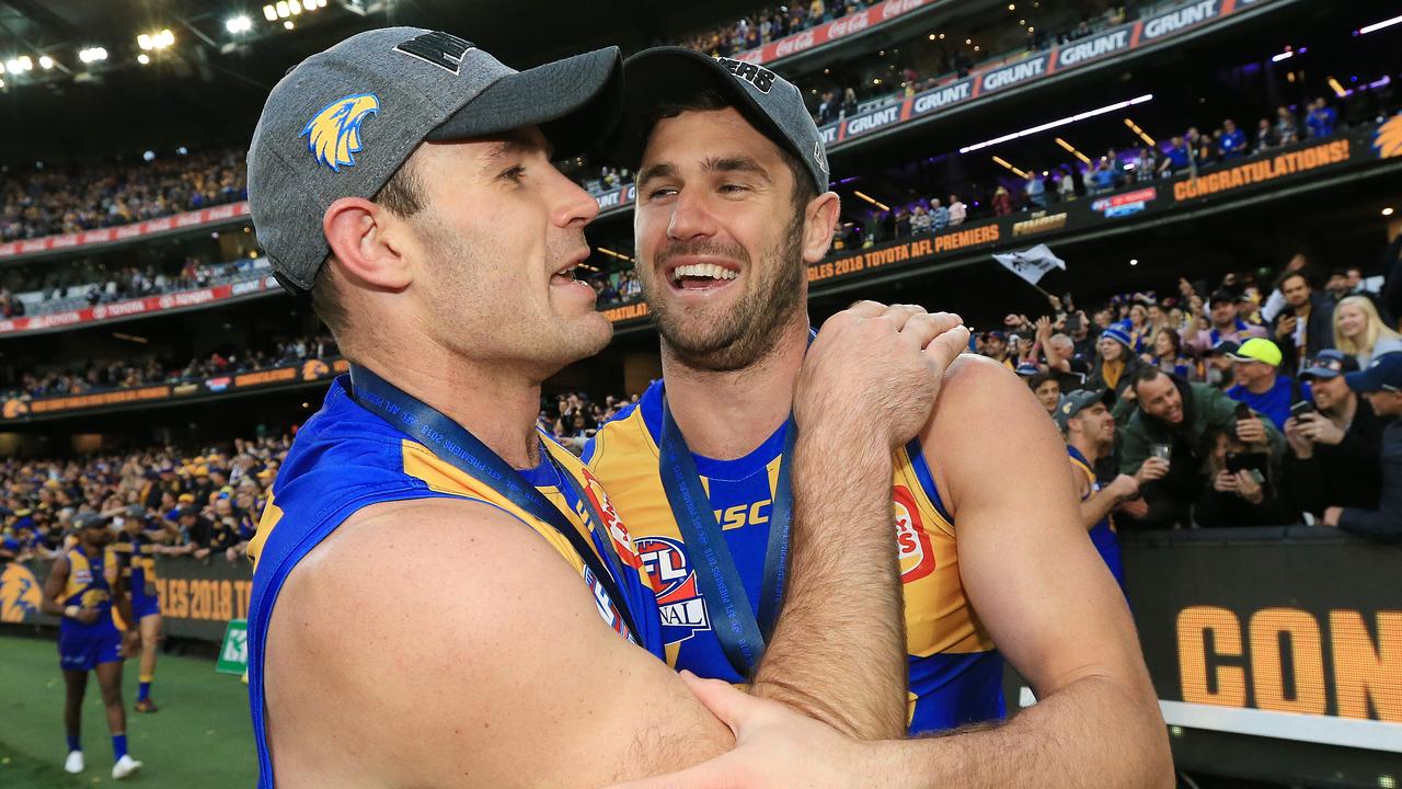 West Coast's Jack Darling with skipper Shannon Hurn after the Grand Final — a match the former still struggles to watch back. Picture: Mark Stewart