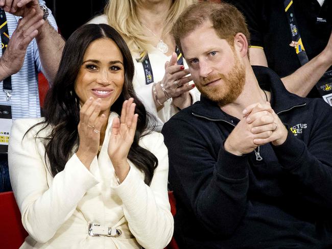 Prince Harry and his wife Meghan Markle visit the sitting volleyball section of the fifth edition of the Invictus Games in The Hague on April 17, 2022. Picture: AFP