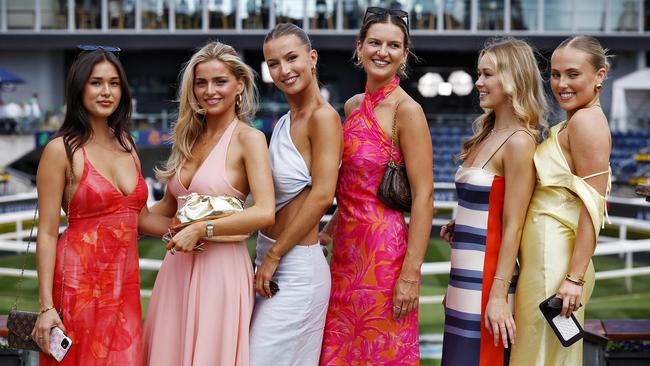 Everest Stakes day at Royal Randwick. L to R, Leah Gocher, Emma McGargill, Arabella Hambour, Adriana Farrac, Ella Johnston and Louise Lander. Picture: Sam Ruttyn