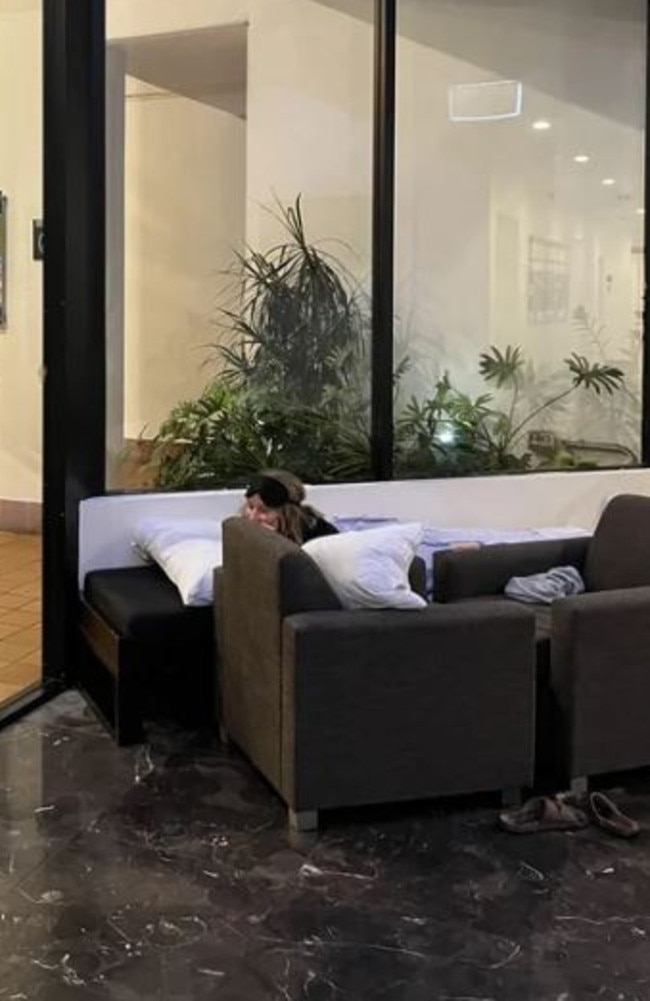 Having called after-hours customer services, Booking.com, and several other hotels in the city, the pair said they had no choice but to camp in Park Regis’s reception. Picture: Benjamin.