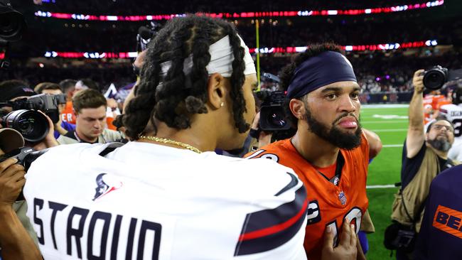 C.J. Stroud tried to offer some lessons to Caleb Williams after an NFL game, but the rookie wasn’t as keen to listen. Picture: Alex Slitz/Getty Images