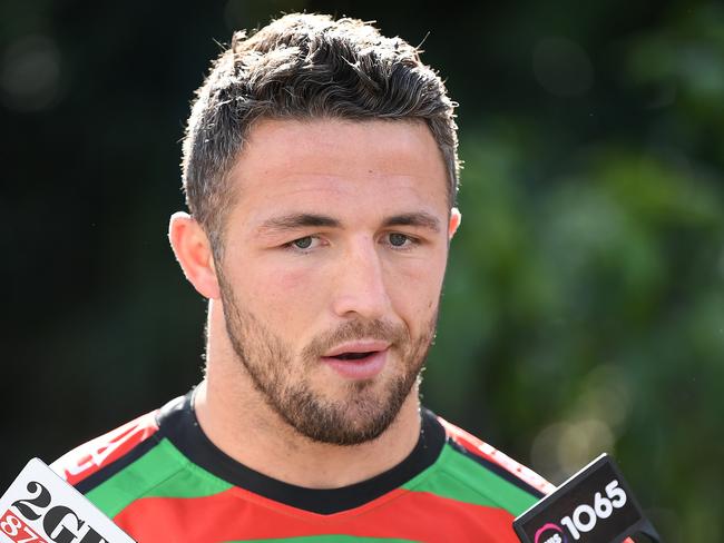 Sam Burgess of the South Sydney Rabbitohs speaks to the media during the NRL Finals series launch in Sydney, Monday, September 9, 2019. (AAP Image/Joel Carrett) NO ARCHIVING