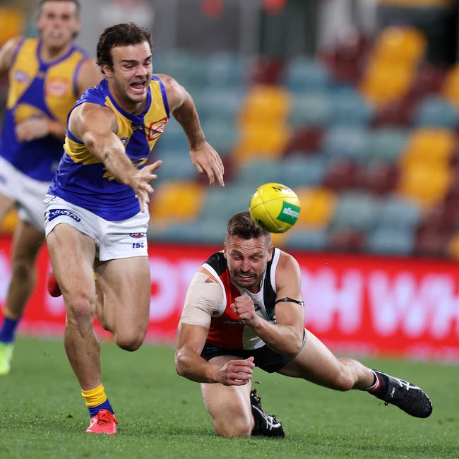 Jarryn Geary playing for St Kilda against West Coast in 2020. Picture: Michael Klein