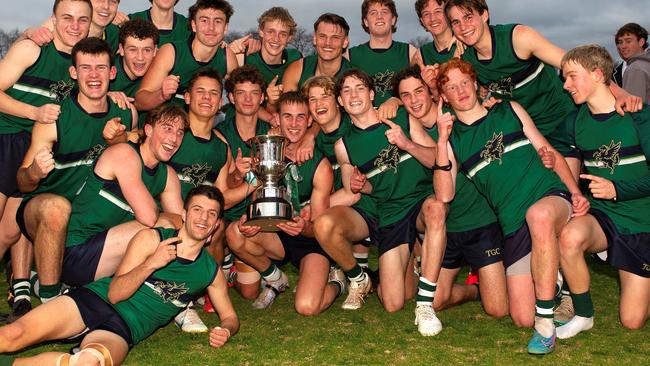 Geelong College boys celebrating their derby win last year. Picture: Geelong College